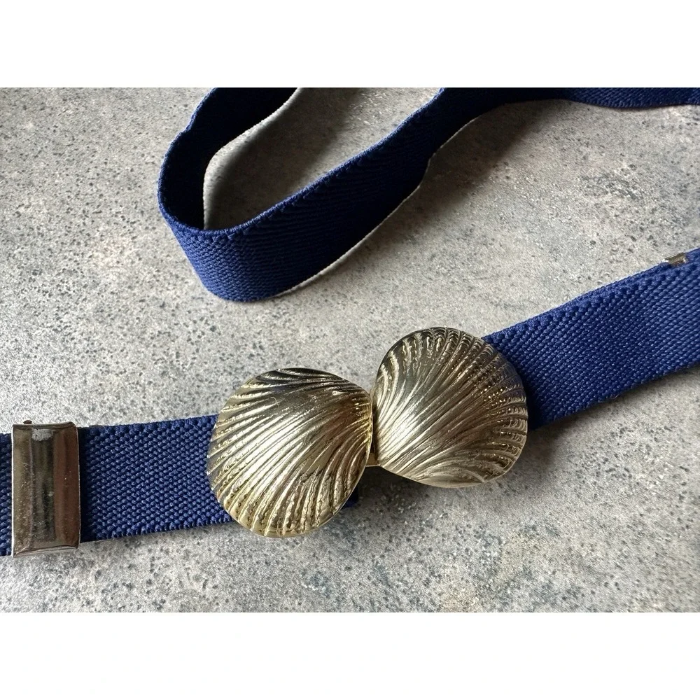 VIntage 80's Elastic Stretch Waist Belt Metal SeaShell Buckle Navy Nautical‎